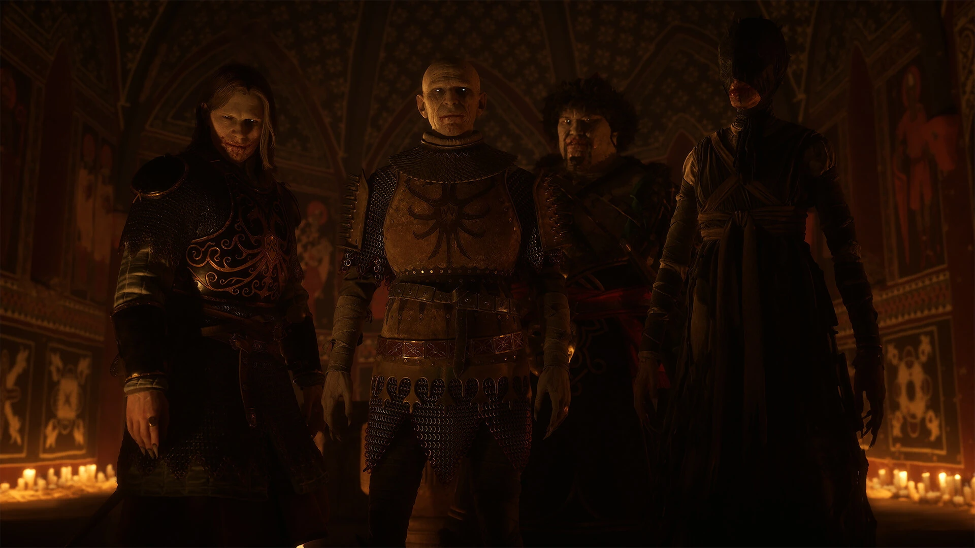 A group of vampire figures gathered in an ornate hall in The Blood of Dawnwalker