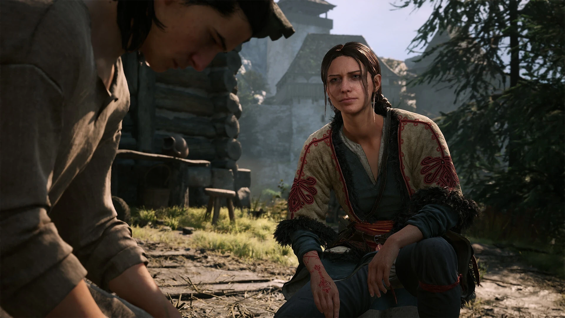 Two characters speaking in a dimly lit room in The Blood of Dawnwalker