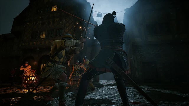 Coen confronting an enemy in a dark village at night