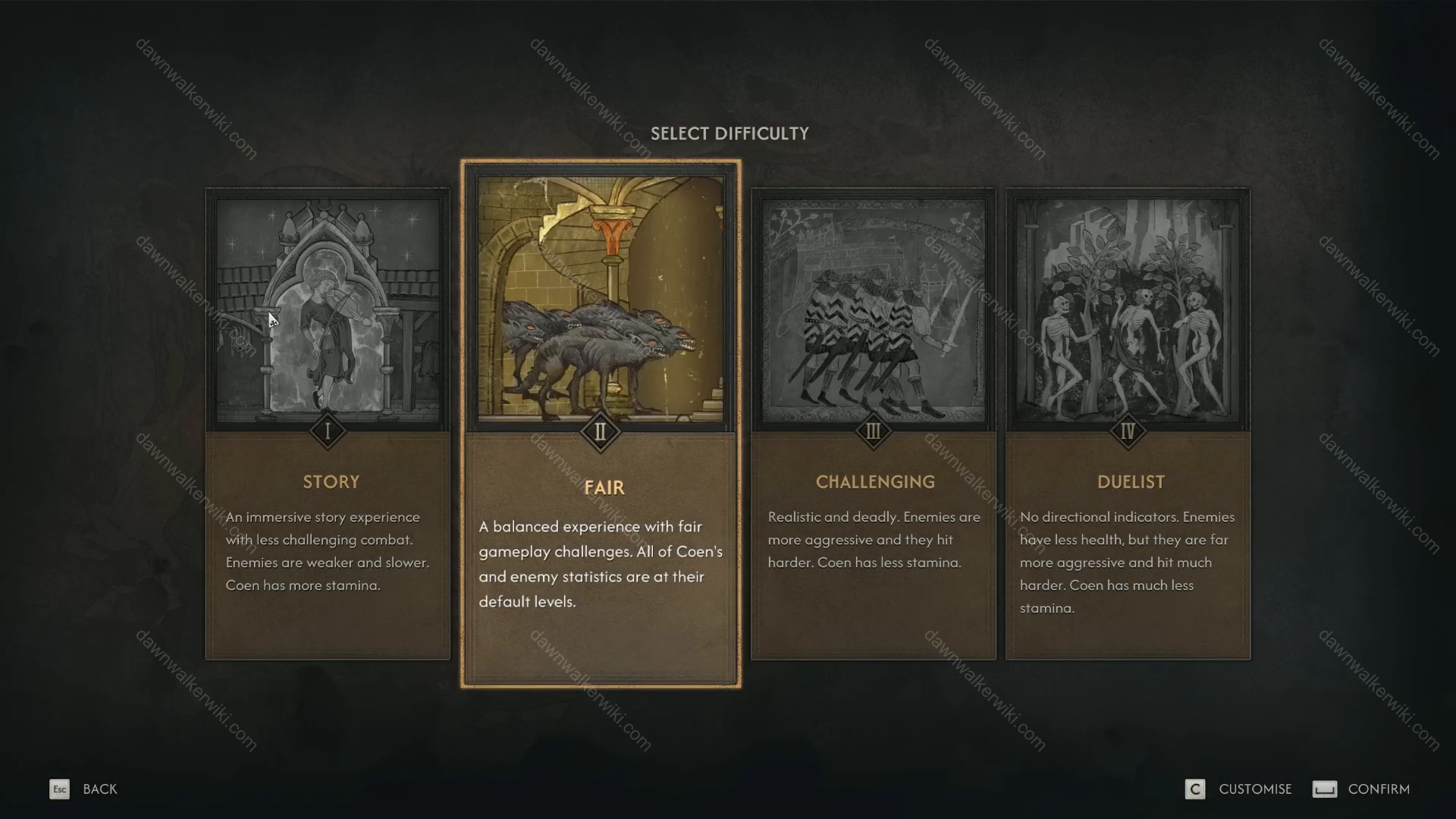 Difficulty selection screen with Fair highlighted
