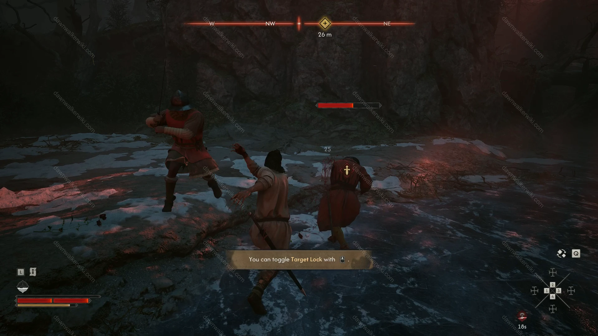 Coen attacking an enemy marked by Target Lock while the middle mouse button prompt is visible