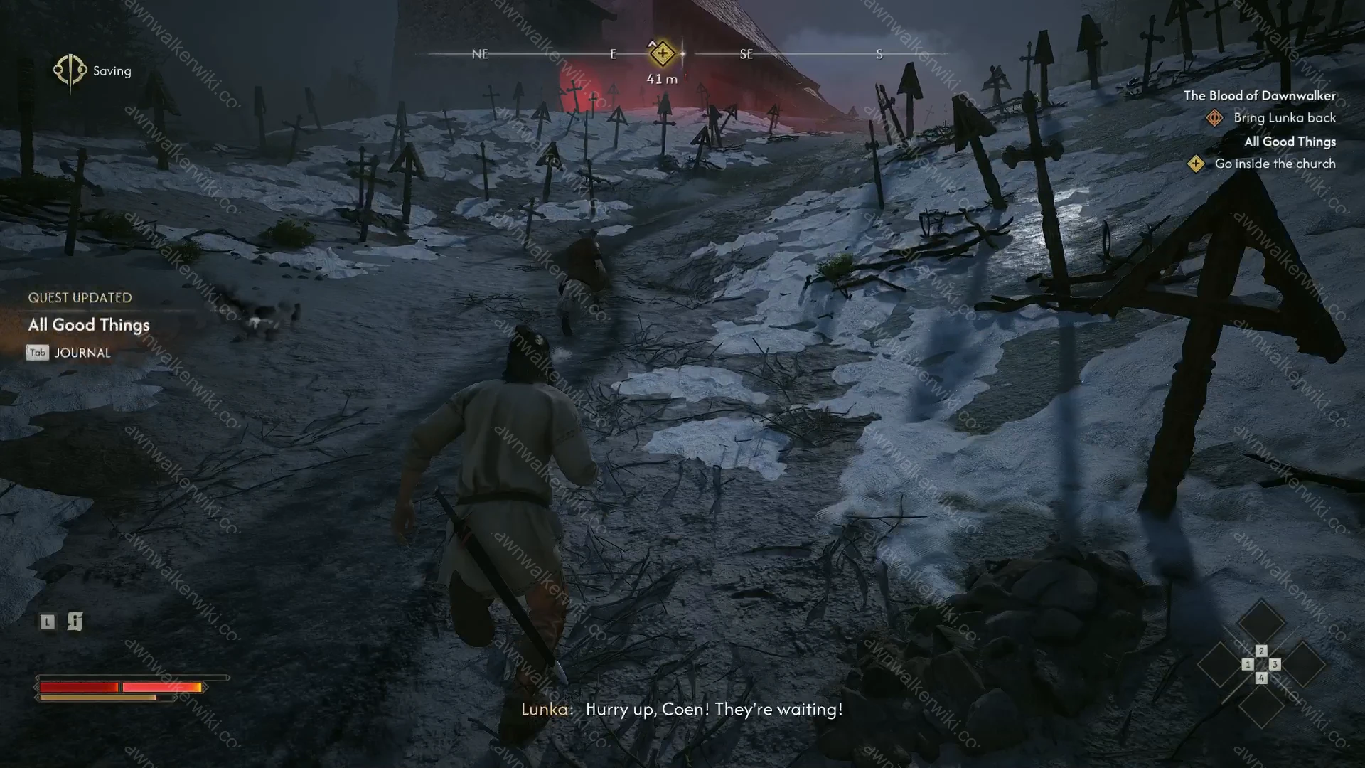 Coen following Lunka uphill toward the red-lit church while the Go inside the church objective is visible